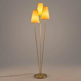 Drievoudige staande lamp in messing, linnen & rotan, Amaya