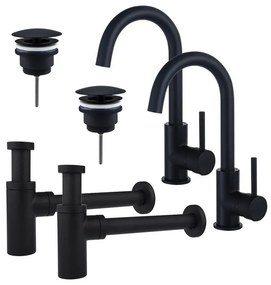 Fortifura Calvi Wastafelkraanset - voor dubbele wastafel - hoge wastafelkraan - draaibare uitloop - always open plug - design sifon - Mat zwart 2x SW809347/2x SW696205/2x SW696210