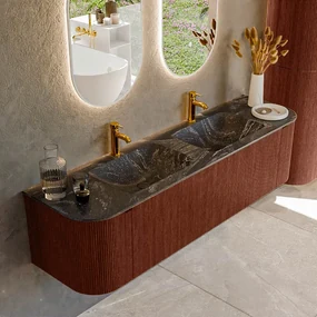 Mondiaz Kurve-dlux 170cm badmeubel ronding links/rechts ruby met 1 lade en 2 deuren en wastafel leaf dubbel 2 kraangaten lava