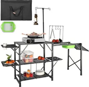 VEVOR Campingkeuken Buitenkeuken 174 x 50 x 160 cm, Reiskeuken Tentkast Opvouwbaar 40 + 22 kg Opvouwbare kampeertafel Keukenbox Werkblad Ruimte voor de gootsteen Draagtas Zwart