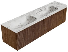 Mondiaz Kurve-dlux 175cm badmeubel ronding rechts walnut met 2 lades en 1 deur en wastafel stor small dubbel/links 2 kraangaten glace