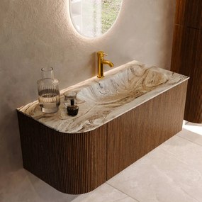 Mondiaz Kurve-dlux 105cm badmeubel ronding links dusk met 1 lade en deur en wastafel big small kraangat rechts glace