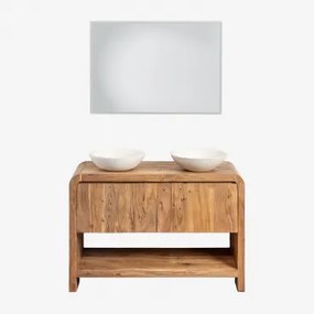 Vacry Houten Badkamermeubelset Acacia Bruin & 2 X Rond Wit Cement Ø40 Cm Zavion & Rechthoekige Led En Anticondens 100x70 Cm Riben & Zonder Kraan & &#x