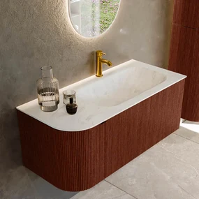 Mondiaz Kurve-dlux 105cm badmeubel ronding links ruby met 1 lade en deur en wastafel big small kraangat rechts opalo