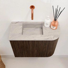 Mondiaz Joya DLux 50cm toiletmeubel ronding rechts walnut met wastafel faye links zonder kraangat glace