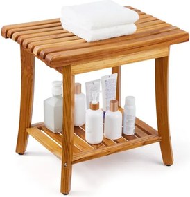 VEVOR Teakhouten douchebank, 50,8 x 36,6 x 45,6 cm, waterdichte houten douchekruk met opbergplank en antislip voetjes, maximale belasting 180 kg, voor binnen- en buitenbadkamers