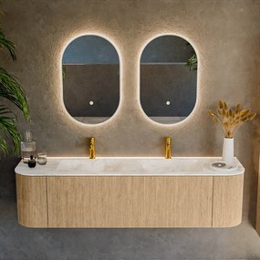 Mondiaz Kurve-dlux 170cm badmeubel ronding links/rechts oak met 1 lade en 2 deuren en wastafel leaf dubbel 2 kraangaten frappe
