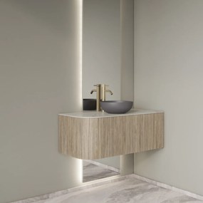 Gliss Design Alluro badmeubel ribbelfront met ronding links 100cm corn silk en wit marmer toppaneel