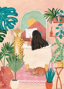 Ilustratie Woman taking bath in pink tropical bathroom, Caroline Bonne Muller