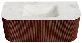 Mondiaz Kurve-dlux 110cm badmeubel ronding links/rechts ruby met 1 lade en 2 deuren en wastafel cloud midden zonder kraangat ostra