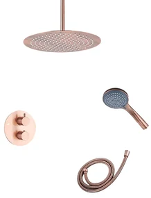 Saniclear Copper inbouwregendouche 30cm rond met plafondarm en 3 standen handdouche geborsteld koper