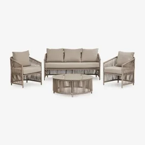 Tuinset Met Een 2-zitsbank, 2 Fauteuils En Salontafels Van Aluminium En Sophie Gevlochten Touw. Moka Bruin - Sklum