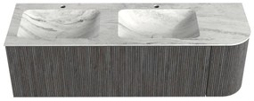 Mondiaz Kurve-dlux 145cm badmeubel ronding rechts shadow met 1 lade en deur en wastafel leaf dubbel/links 2 kraangaten opalo