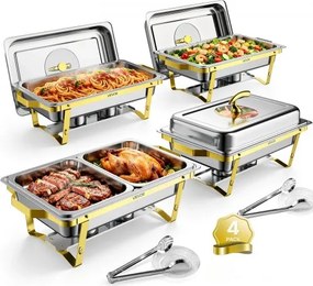 VEVOR Chafing Dish Set, 4-delig, buffetten, elk 8,52 liter, roestvrijstalen warmhoudschalen, bruiloften, feesten, banketten, opvouwbare standaard, 2 grote en 4 kleine schalen, serveertang.