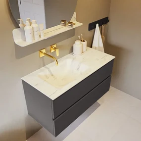 Mondiaz Vica DLux badmeubel 100cm dark grey 2 lades met wastafel opalo links zonder kraangat