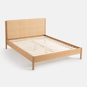 Bed met lattenbodem, eikenhout, eikenfineer en gevlochten rotan, ORA