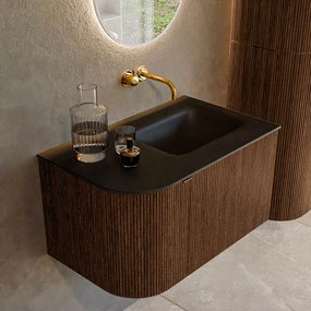 Mondiaz Kurve 75cm badmeubel ronding links walnut met 1 lade en deur en wastafel grunne rechts zonder kraangat urban