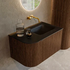 Mondiaz Kurve 75cm badmeubel ronding links walnut met 1 lade en deur en wastafel grunne rechts zonder kraangat urban
