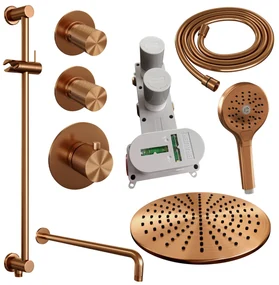 Brauer Copper Carving complete inbouw regendouche set 22 met 30cm douchekop, gebogen muurarm, 3 standen handdouche en glijstang geborsteld koper PVD