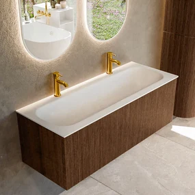 Mondiaz Kurve 120cm badmeubel walnut met 1 lade en wastafel big large midden 2 kraangaten