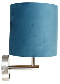 Strakke wandlamp staal met blauwe velours kap - Matt Modern E27 rond Binnenverlichting Lamp