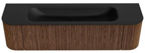 Mondiaz Kurve 170cm badmeubel ronding links/rechts walnut met 1 lade en 2 deuren en wastafel big large midden 2 kraangaten urban
