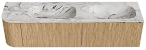Mondiaz Kurve-dlux 175cm badmeubel ronding links oak met 2 lades en 1 deur en wastafel stor small dubbel/rechts 2 kraangaten glace