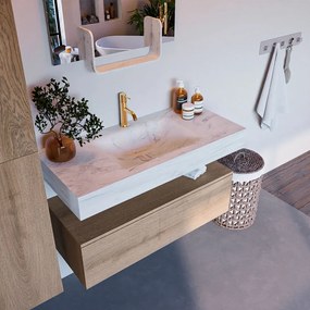 Mondiaz Alan DLux badmeubel 100cm washed oak 1 lade met wastafel opalo midden 1 kraangat