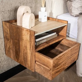 Zwevend Nachtkastje Travertin En Hout - 40x35x30cm.