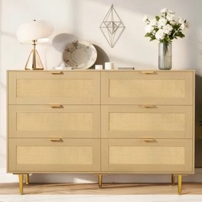 VEVOR Rattan Commode met 6 Laden, Metalen Handgrepen en Poten, Moderne Rattan Kast voor Slaapkamer, Woonkamer, Hal (120 x 39,5 x 85,4 cm) Kledingkast