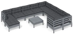 vidaXL 11-delige Loungeset met kussens grenenhout grijs