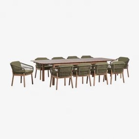 Rechthoekige Uitschuifbare Eettafelset Duala 250-310x105 Cm En 10 Eetkamerstoelen Van Acaciahout En Gevlochten Touw Karvia Acacia Bruin & Bouclé Salie