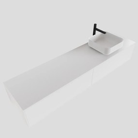 Zaro Lagom volledig naadloos solid surface onderkast met topblad 180cm mat wit met 2 lades Push tot open. Compleet met solid surface opzetkom met 1 kraangat(en)