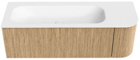 Mondiaz Kurve 135cm badmeubel ronding rechts oak met 1 lade en deur en wastafel big medium links zonder kraangat
