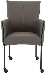 Goossens Eetkamerstoel Funk Zwarte Poten grijs leer met armleuning en Zwart skater wiel met zwarte kapmet wielen, modern design