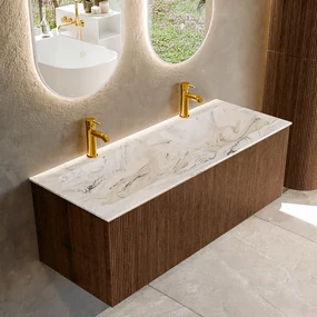 Mondiaz Kurve-dlux 120cm badmeubel walnut met 1 lade en wastafel leaf dubbel 2 kraangaten glace