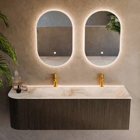 Mondiaz Kurve-dlux 145cm badmeubel ronding links shadow met 1 lade en deur en wastafel leaf dubbel/rechts 2 kraangaten frappe