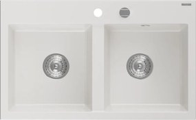 Mexen Hektor granieten gootsteen 2-kamer 800 x 480 mm, wit, chrom sifon - 6521802000-20