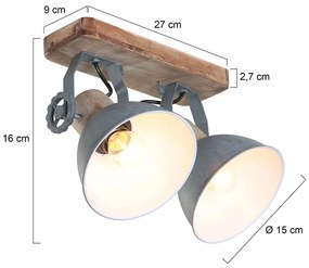 Industriële plafondSpot / Opbouwspot / Plafondspot hout met grijs 2-lichts draai- en kantelbaar - Gearwood Industriele / Industrie / Industrial E27 rond Binnenverlichting Lamp