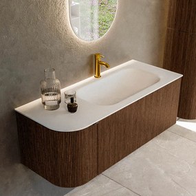 Mondiaz Kurve 115cm badmeubel ronding links walnut met 1 lade en deur en wastafel big small kraangat rechts