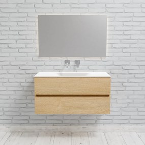 Zaro Valencia Solid Surface badmeubel 100cm licht eiken zonder kraangat spoelbak midden met 2 lades