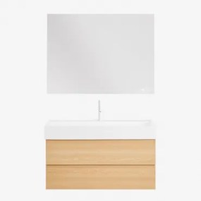 Ona Zwevend Badkamermeubelset Van Hout En Essenfineer Met Geïntegreerde Wastafel Natuurlijk Hout & Rectangular Led And Antifog 120x90 Cm - Sklum