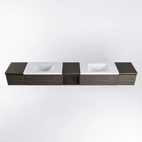 Mondiaz Bukla 280cm badmeubel met open module 40 midden Dark Brown met 4 lades wastafel Cloud dubbel 2 kraangaten Talc