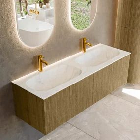 Mondiaz Kurve-dlux 140cm badmeubel dusk met 2 lades en wastafel stor small dubbel 2 kraangaten opalo