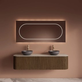 Gliss Design Alluro badmeubel ribbelfront met ronding links/rechts 160cm castle brown en wit marmer toppaneel