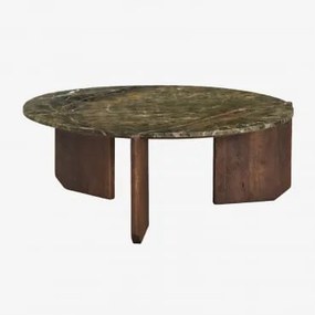 Ronde Salontafel Van Natuursteen En Mangohout Lavinia Donker Handvat Hout & Ø85 Cm & Groen Marmer Forest - Sklum