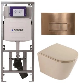 QeramiQ Dely Toiletset - 36.3x51.7cm - diepspoel - rimless - Geberit UP320 inbouwreservoir - softclose toilet zitting - koperen bedieningsplaat - rechthoekige knoppen - mat beige SW1000764/SW1000770/0701131/SW706197