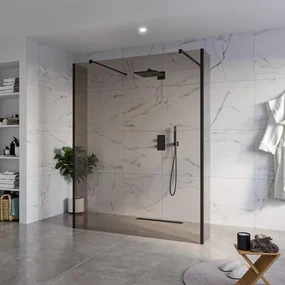 Fortifura Galeria Vrijstaande Inloopdouche - 160x200cm - Rookglas - antikalk - 8mm veiligheidsglas - 2 zijwanden 30cm - wandsteunen en hoekprofielen - Zwart mat SW927767 2x/SW797942/SW797930 2x/SW358025 2x