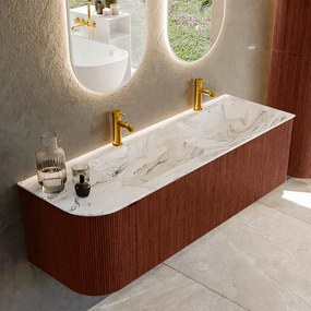 Mondiaz Kurve-dlux 145cm badmeubel ronding links ruby met 1 lade en deur en wastafel leaf dubbel/rechts 2 kraangaten glace