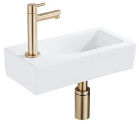 QeramiQ Fuente Fonteinset - 37.5x18.5x9cm - keramiek - kraangat links - fonteinkraan geborsteld messing - afvoerplug - verlaagd sifon - Mat wit SW1122450/SW696208/SW696218/SW696238